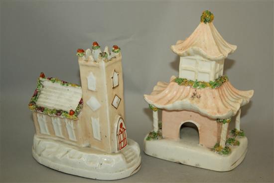 Three Staffordshire porcelain models of toll houses and another of a church, mid 19th century, height 11.5 - 18cm